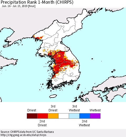 Korea Precipitation Rank since 1981, 1-Month (CHIRPS) Thematic Map For 6/16/2019 - 7/15/2019
