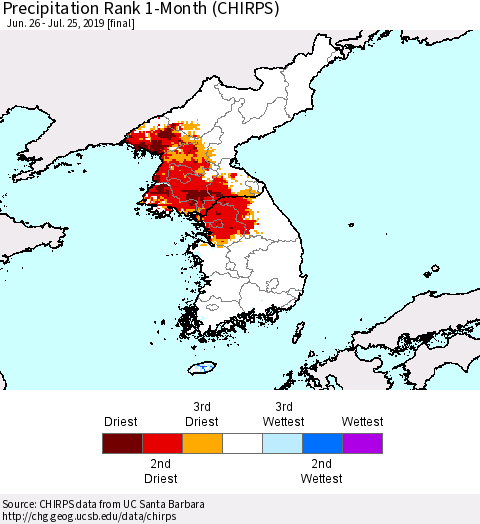 Korea Precipitation Rank since 1981, 1-Month (CHIRPS) Thematic Map For 6/26/2019 - 7/25/2019
