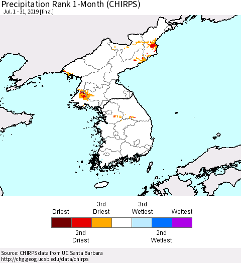 Korea Precipitation Rank since 1981, 1-Month (CHIRPS) Thematic Map For 7/1/2019 - 7/31/2019