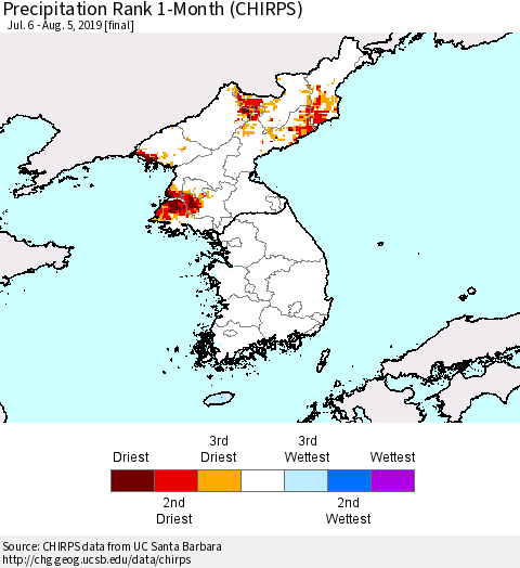 Korea Precipitation Rank since 1981, 1-Month (CHIRPS) Thematic Map For 7/6/2019 - 8/5/2019