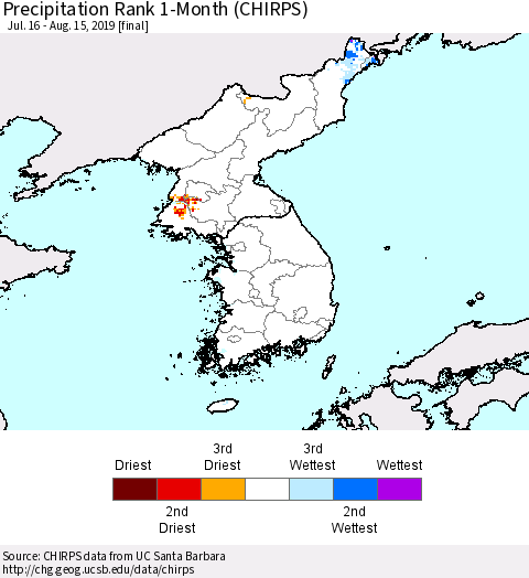 Korea Precipitation Rank since 1981, 1-Month (CHIRPS) Thematic Map For 7/16/2019 - 8/15/2019