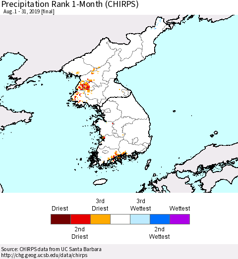 Korea Precipitation Rank since 1981, 1-Month (CHIRPS) Thematic Map For 8/1/2019 - 8/31/2019