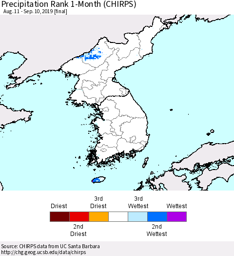 Korea Precipitation Rank since 1981, 1-Month (CHIRPS) Thematic Map For 8/11/2019 - 9/10/2019