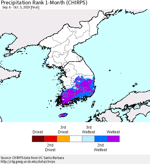 Korea Precipitation Rank since 1981, 1-Month (CHIRPS) Thematic Map For 9/6/2019 - 10/5/2019