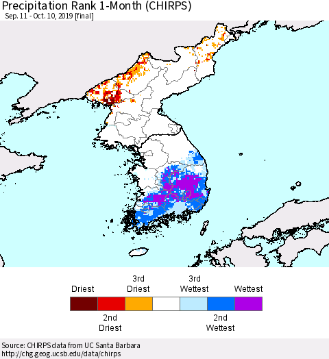 Korea Precipitation Rank 1-Month (CHIRPS) Thematic Map For 9/11/2019 - 10/10/2019