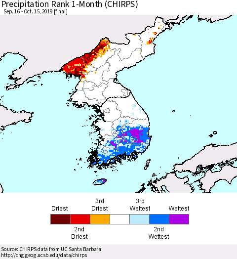 Korea Precipitation Rank 1-Month (CHIRPS) Thematic Map For 9/16/2019 - 10/15/2019