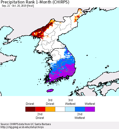 Korea Precipitation Rank since 1981, 1-Month (CHIRPS) Thematic Map For 9/21/2019 - 10/20/2019