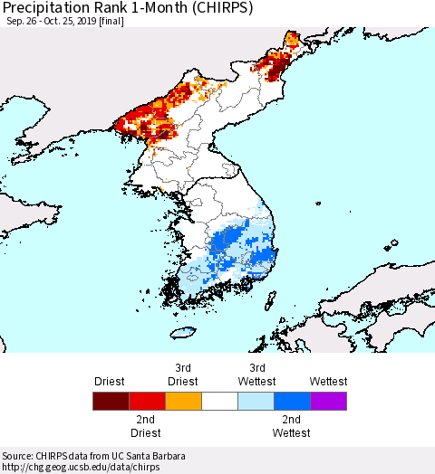 Korea Precipitation Rank 1-Month (CHIRPS) Thematic Map For 9/26/2019 - 10/25/2019