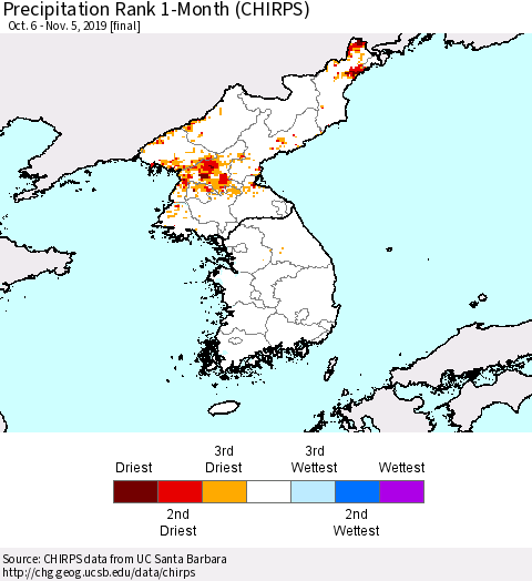 Korea Precipitation Rank since 1981, 1-Month (CHIRPS) Thematic Map For 10/6/2019 - 11/5/2019