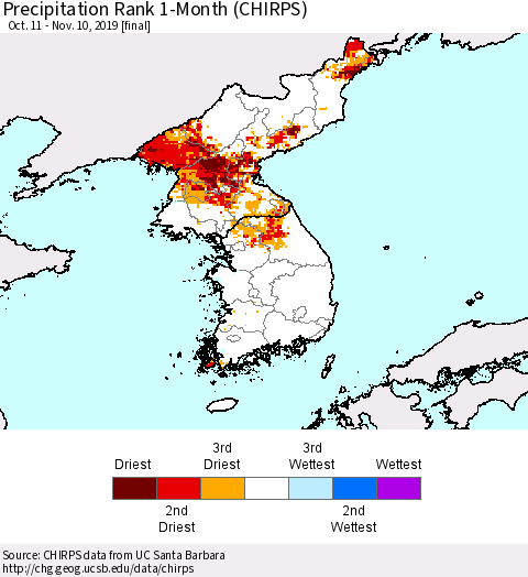 Korea Precipitation Rank 1-Month (CHIRPS) Thematic Map For 10/11/2019 - 11/10/2019
