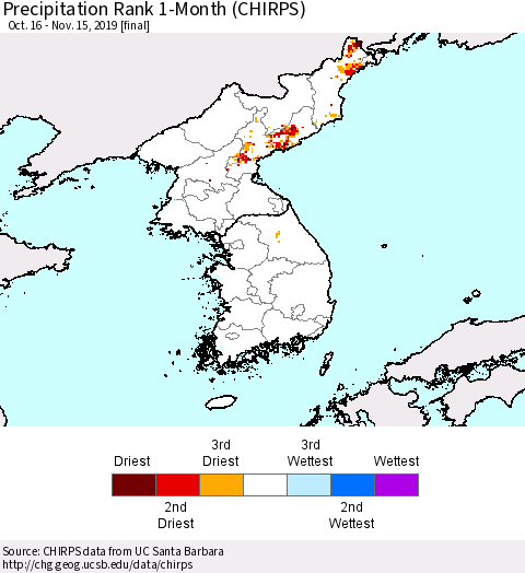 Korea Precipitation Rank 1-Month (CHIRPS) Thematic Map For 10/16/2019 - 11/15/2019