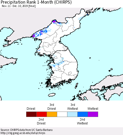 Korea Precipitation Rank 1-Month (CHIRPS) Thematic Map For 11/11/2019 - 12/10/2019