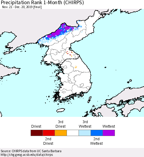Korea Precipitation Rank 1-Month (CHIRPS) Thematic Map For 11/21/2019 - 12/20/2019