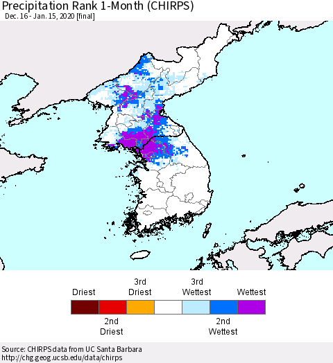 Korea Precipitation Rank 1-Month (CHIRPS) Thematic Map For 12/16/2019 - 1/15/2020