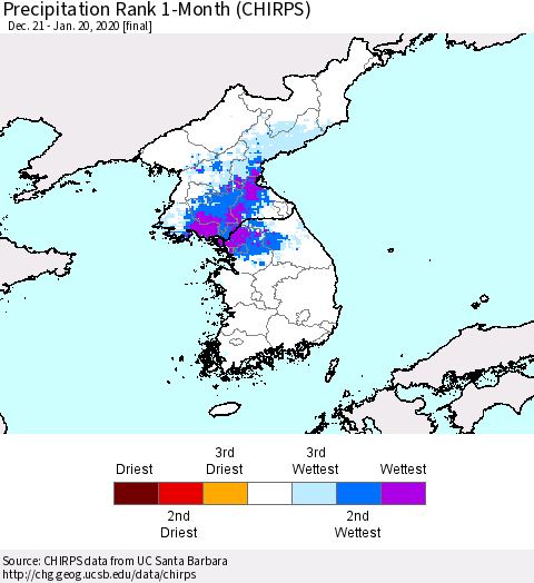 Korea Precipitation Rank 1-Month (CHIRPS) Thematic Map For 12/21/2019 - 1/20/2020