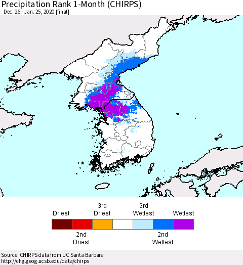 Korea Precipitation Rank since 1981, 1-Month (CHIRPS) Thematic Map For 12/26/2019 - 1/25/2020