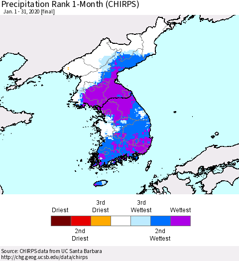 Korea Precipitation Rank since 1981, 1-Month (CHIRPS) Thematic Map For 1/1/2020 - 1/31/2020