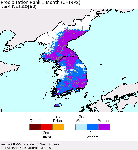 Korea Precipitation Rank 1-Month (CHIRPS) Thematic Map For 1/6/2020 - 2/5/2020