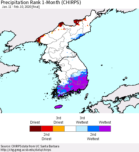 Korea Precipitation Rank since 1981, 1-Month (CHIRPS) Thematic Map For 1/11/2020 - 2/10/2020