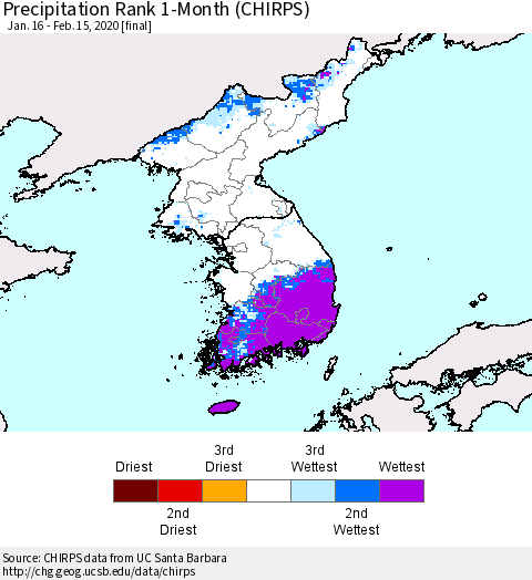 Korea Precipitation Rank 1-Month (CHIRPS) Thematic Map For 1/16/2020 - 2/15/2020