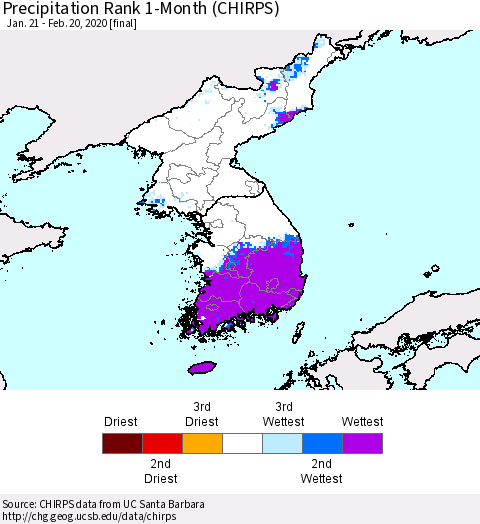 Korea Precipitation Rank since 1981, 1-Month (CHIRPS) Thematic Map For 1/21/2020 - 2/20/2020