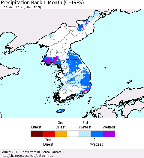 Korea Precipitation Rank 1-Month (CHIRPS) Thematic Map For 1/26/2020 - 2/25/2020