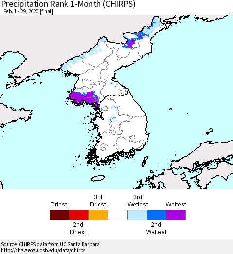 Korea Precipitation Rank 1-Month (CHIRPS) Thematic Map For 2/1/2020 - 2/29/2020