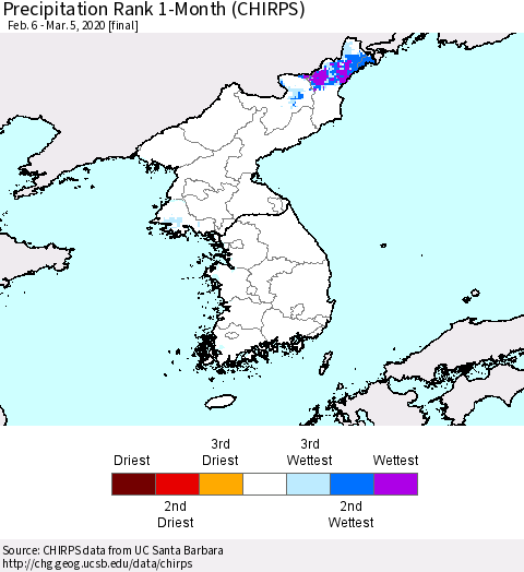Korea Precipitation Rank 1-Month (CHIRPS) Thematic Map For 2/6/2020 - 3/5/2020
