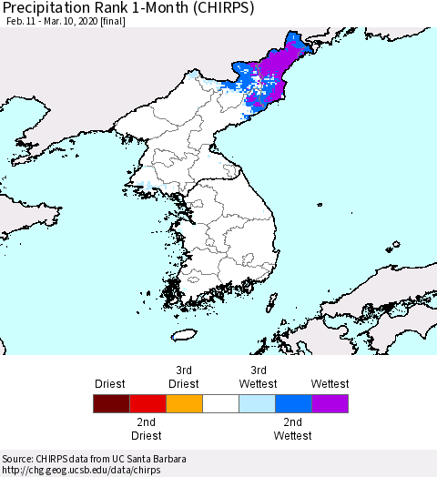 Korea Precipitation Rank since 1981, 1-Month (CHIRPS) Thematic Map For 2/11/2020 - 3/10/2020