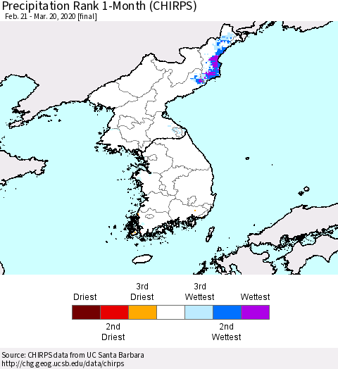 Korea Precipitation Rank 1-Month (CHIRPS) Thematic Map For 2/21/2020 - 3/20/2020