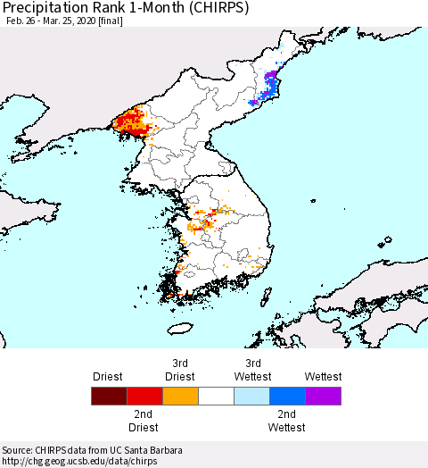 Korea Precipitation Rank 1-Month (CHIRPS) Thematic Map For 2/26/2020 - 3/25/2020