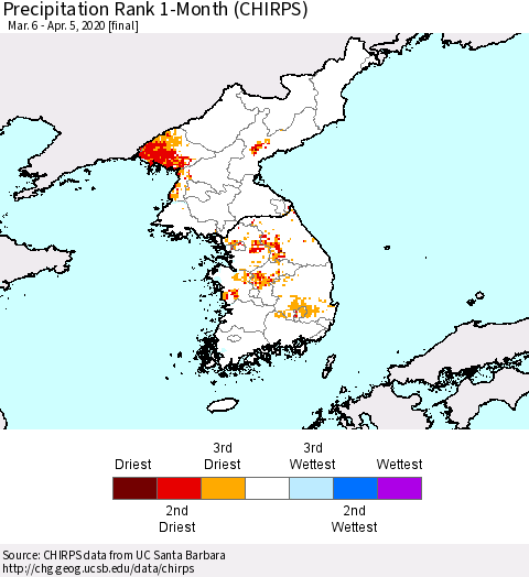 Korea Precipitation Rank 1-Month (CHIRPS) Thematic Map For 3/6/2020 - 4/5/2020