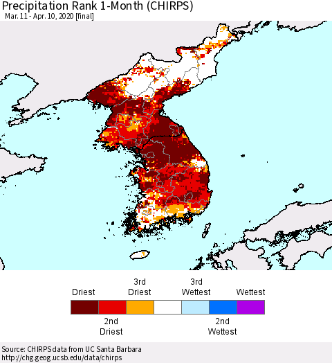 Korea Precipitation Rank 1-Month (CHIRPS) Thematic Map For 3/11/2020 - 4/10/2020