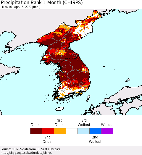 Korea Precipitation Rank 1-Month (CHIRPS) Thematic Map For 3/16/2020 - 4/15/2020