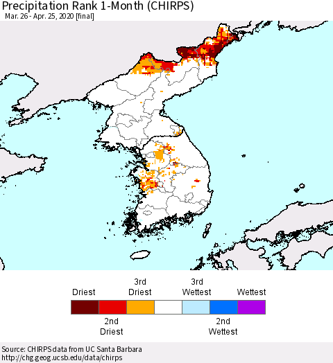 Korea Precipitation Rank 1-Month (CHIRPS) Thematic Map For 3/26/2020 - 4/25/2020