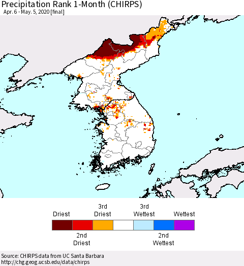 Korea Precipitation Rank since 1981, 1-Month (CHIRPS) Thematic Map For 4/6/2020 - 5/5/2020