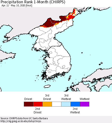 Korea Precipitation Rank 1-Month (CHIRPS) Thematic Map For 4/11/2020 - 5/10/2020