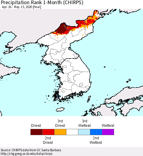 Korea Precipitation Rank 1-Month (CHIRPS) Thematic Map For 4/16/2020 - 5/15/2020