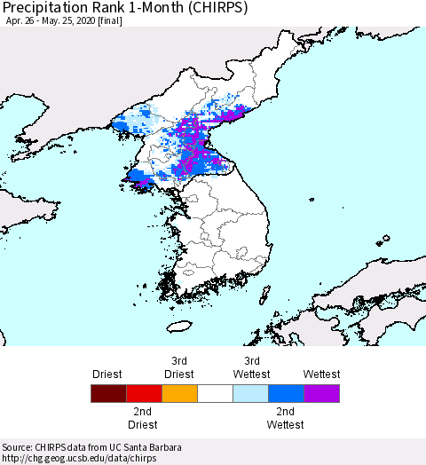 Korea Precipitation Rank 1-Month (CHIRPS) Thematic Map For 4/26/2020 - 5/25/2020