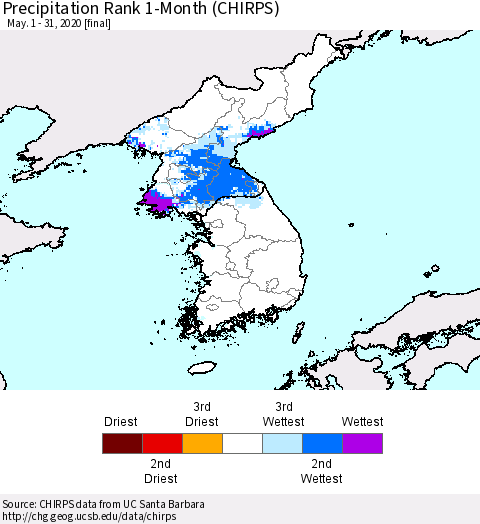 Korea Precipitation Rank since 1981, 1-Month (CHIRPS) Thematic Map For 5/1/2020 - 5/31/2020