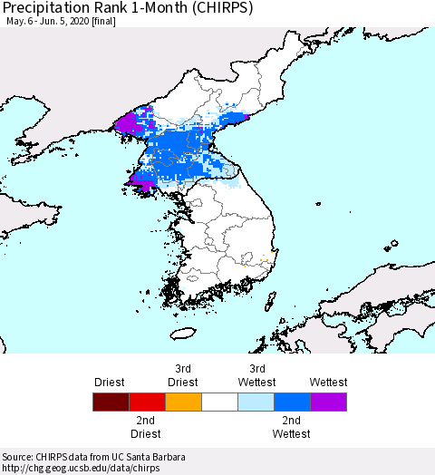 Korea Precipitation Rank 1-Month (CHIRPS) Thematic Map For 5/6/2020 - 6/5/2020