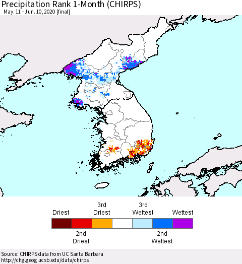 Korea Precipitation Rank 1-Month (CHIRPS) Thematic Map For 5/11/2020 - 6/10/2020