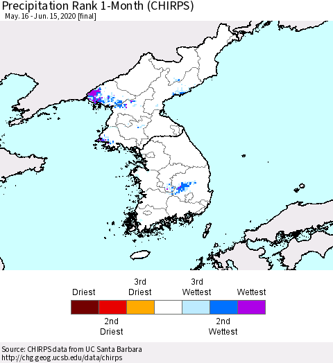 Korea Precipitation Rank 1-Month (CHIRPS) Thematic Map For 5/16/2020 - 6/15/2020