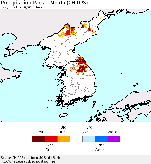 Korea Precipitation Rank 1-Month (CHIRPS) Thematic Map For 5/21/2020 - 6/20/2020