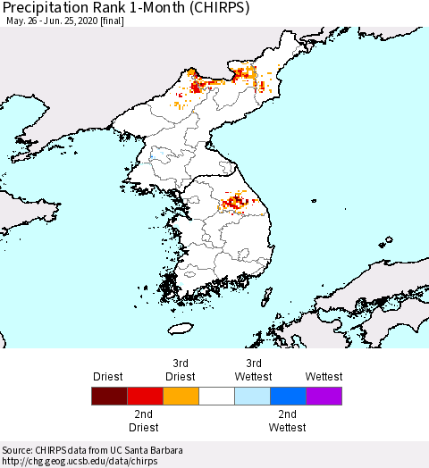 Korea Precipitation Rank 1-Month (CHIRPS) Thematic Map For 5/26/2020 - 6/25/2020