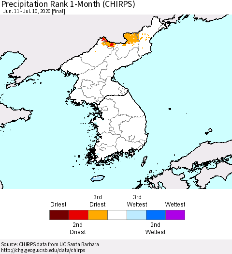 Korea Precipitation Rank since 1981, 1-Month (CHIRPS) Thematic Map For 6/11/2020 - 7/10/2020