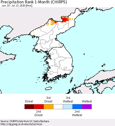Korea Precipitation Rank 1-Month (CHIRPS) Thematic Map For 6/16/2020 - 7/15/2020