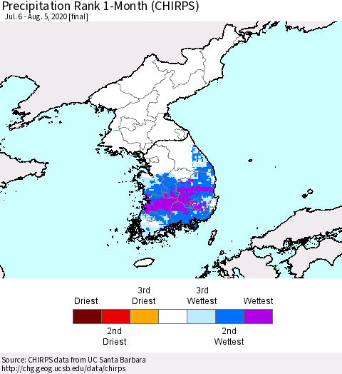 Korea Precipitation Rank 1-Month (CHIRPS) Thematic Map For 7/6/2020 - 8/5/2020