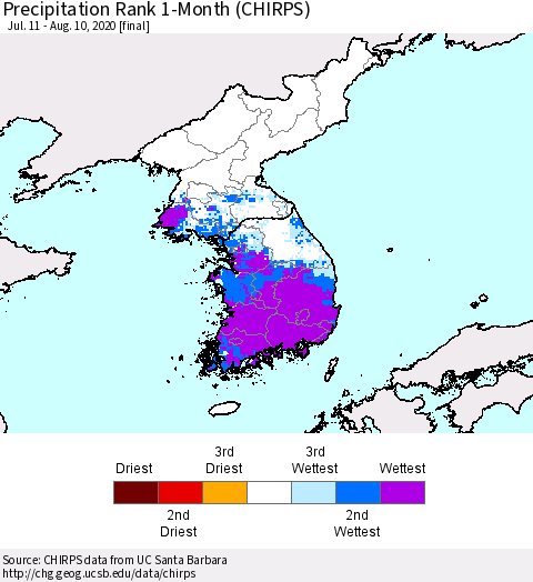 Korea Precipitation Rank since 1981, 1-Month (CHIRPS) Thematic Map For 7/11/2020 - 8/10/2020