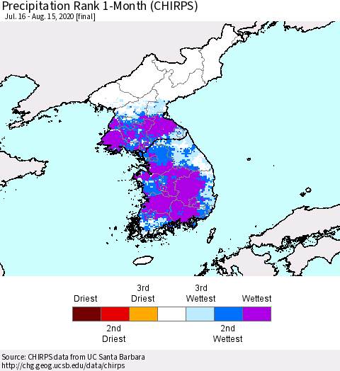 Korea Precipitation Rank 1-Month (CHIRPS) Thematic Map For 7/16/2020 - 8/15/2020